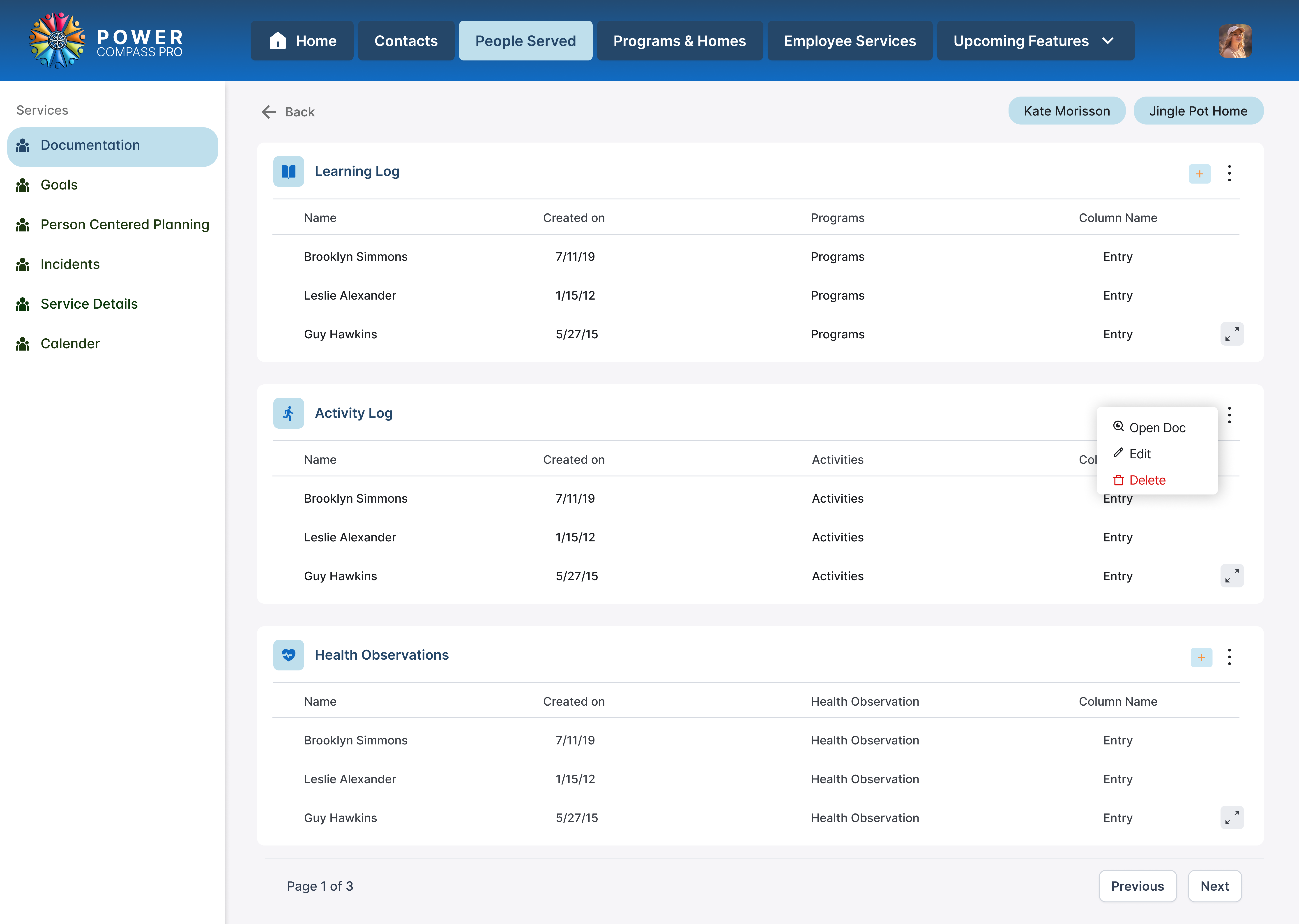 Activity Logs & Health Observations visual